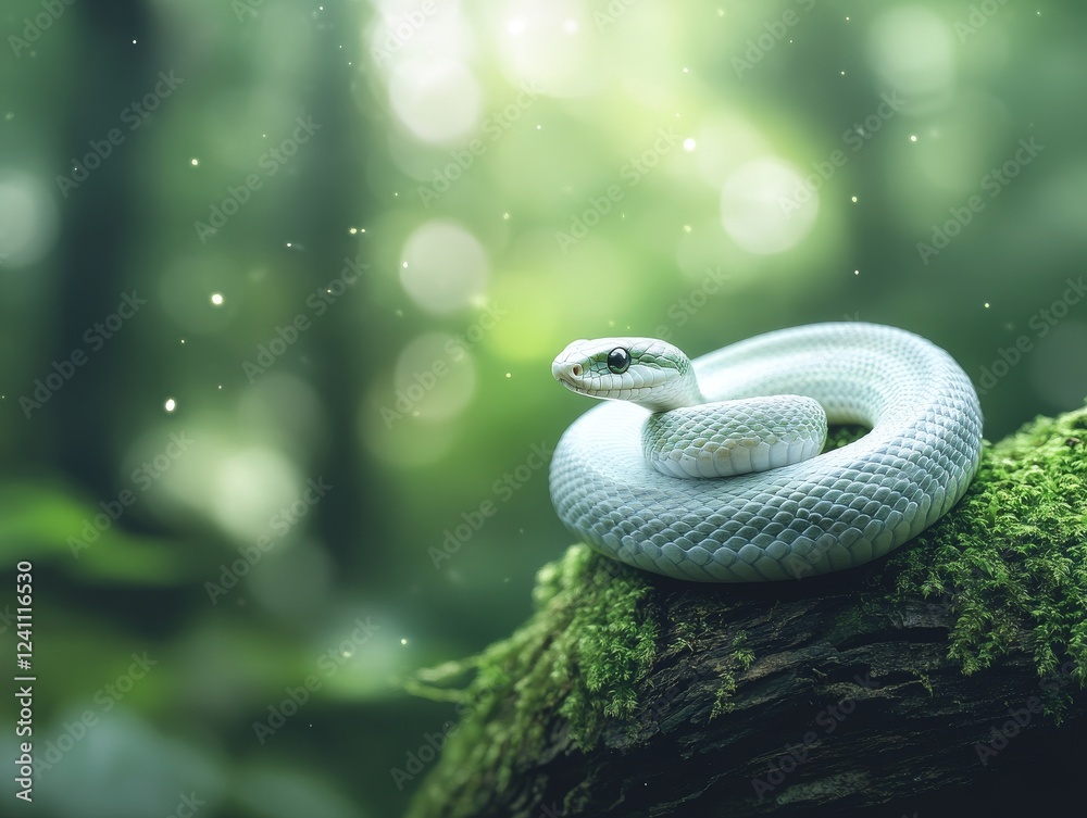 Fototapeta premium Coiled White Snake Resting on Mossy Log 
