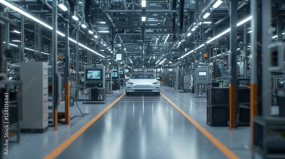 Modern Automated Factory Assembly Line with White Vehicle Modern Automated Factory Assembly Line with White Vehicle