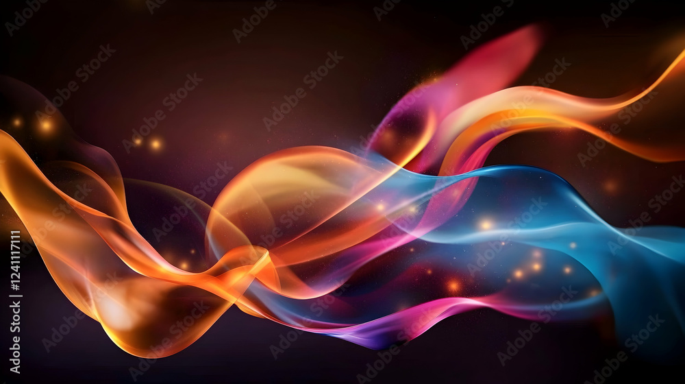 Fototapeta premium Abstract colorful smoke swirls, dark background, glowing particles, ideal for website backgrounds or design elements