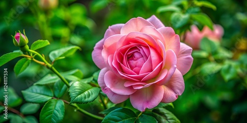 Lush Green Garden: Macro Aerial View of Blooming Blush Rose