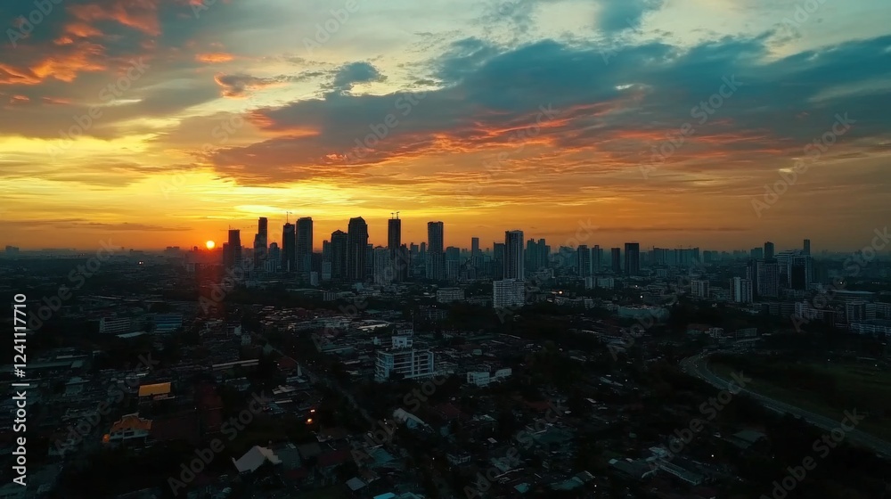 Fototapeta premium An aerial shot of the Bangna Kauda area during sunset, showcasing the stunning skyline, vibrant colors, and the hustle and bustle of the city coming alive in the evening.