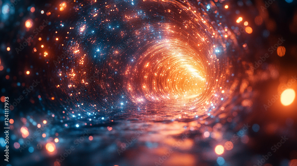 Fototapeta premium Colorful lights swirl in a vibrant tunnel illuminated by shimmering orbs and waves