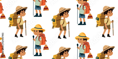 cartoon boy explorers in seamless background