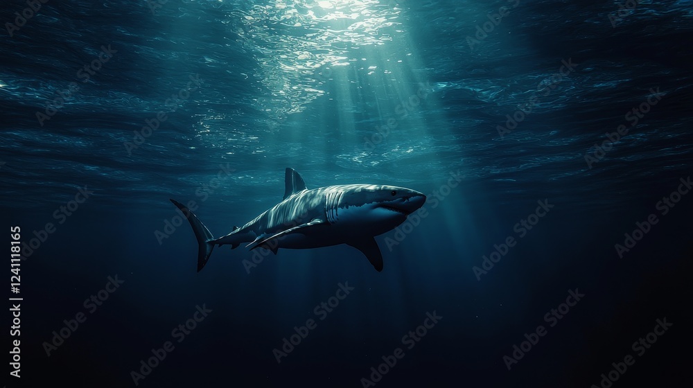 Fototapeta premium Majestic Great White Shark Swimming in Deep Ocean Waters