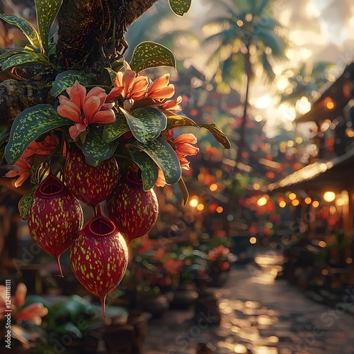 A vibrant display of colorful flowers and unusual red fruits hangs from a lush tree in a tropical setting, illuminated by warm evening light, creating a tranquil and enchanting atmosphere.