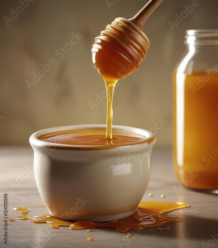Honey jar with a brown liquid slowly pouring out into a mixing bowl , honey, viscous liquid
