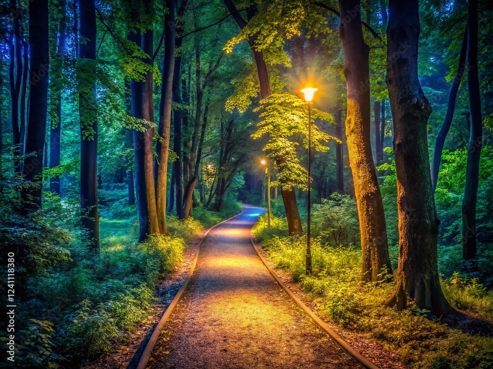 Fototapeta premium Low Light Running Path: Serene Nighttime Jog Through Trees