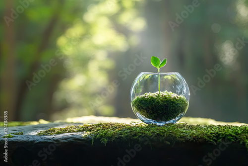 Sprout growing in glass, forest backdrop, new life