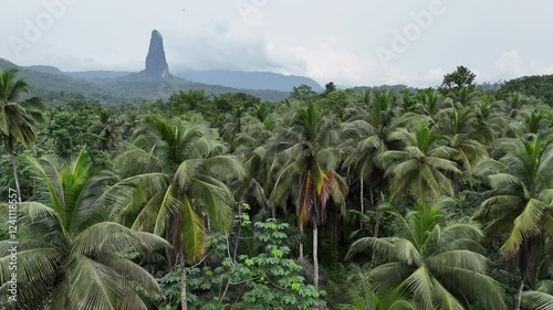 Sao Tome and Principe - Aerial View of Pico Cao Grande. Iconic Volcanic Peak Surrounded by Lush Palm Trees and Tropical Rainforest.