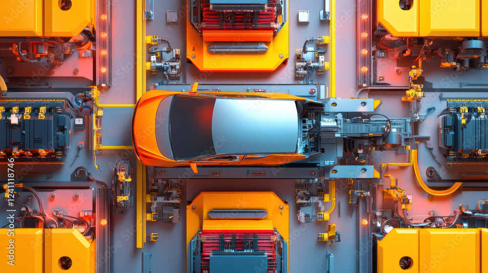 Dynamic robot assembly line with electric car battery production, showcasing advanced technology and automation in manufacturing. vibrant colors and intricate machinery highlight innovation Dynamic robot assembly line with electric car battery production, showcasing advanced technology and automation in manufacturing. vibrant colors and intricate machinery highlight innovation