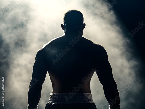 Dramatic Silhouette of a Boxer Against a Bright Ring Light