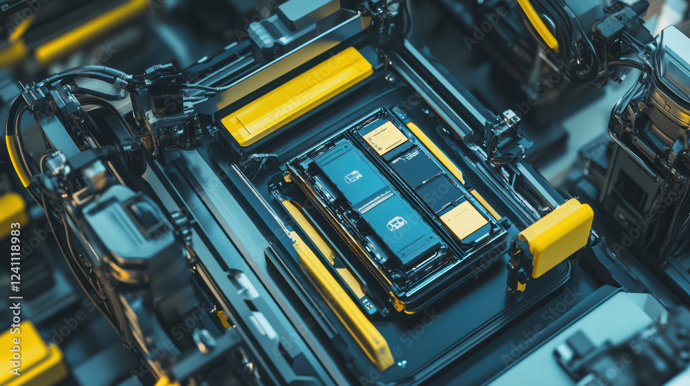 High tech electric car battery modules in robotic assembly setup, showcasing advanced technology and innovation in energy storage solutions High tech electric car battery modules in robotic assembly setup, showcasing advanced technology and innovation in energy storage solutions