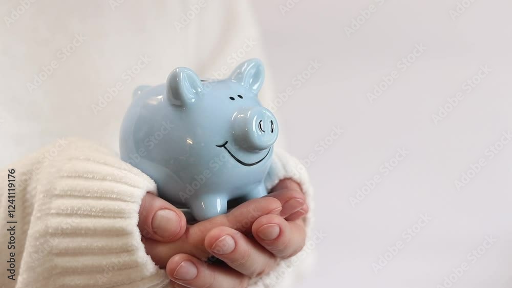 Piggy bank in female hands, close-up. Blue piggy bank, concept of saving money and financial planning. Woman with piggy bank, collecting money for the future. Close-up of cute blue piggy bank