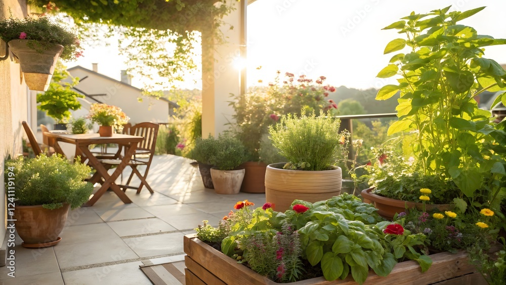 Fototapeta premium Serene Garden Patio at Sunrise Potted Herbs Flowers and Wooden Planter Box
