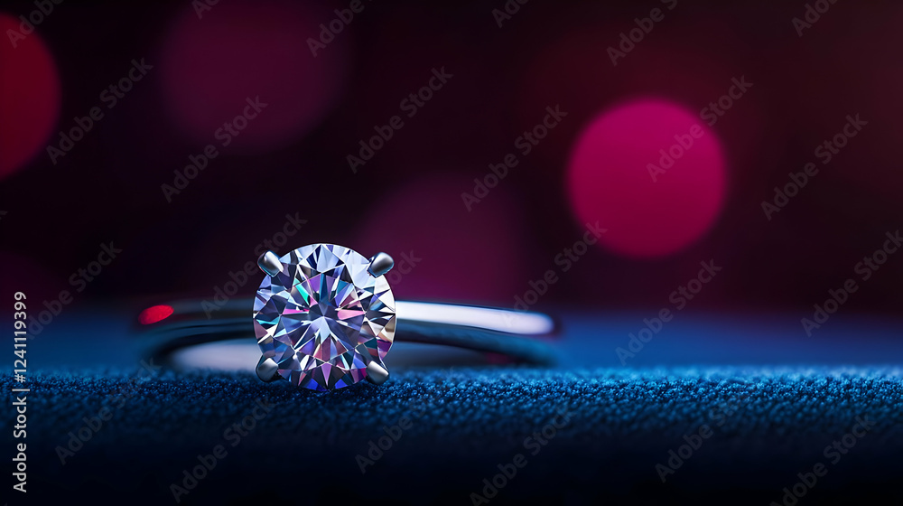 Fototapeta premium A stunning close-up of an elegant engagement ring glistening with a round diamond against a blurred backdrop.