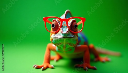 chameleon wearing glasses in green background photo