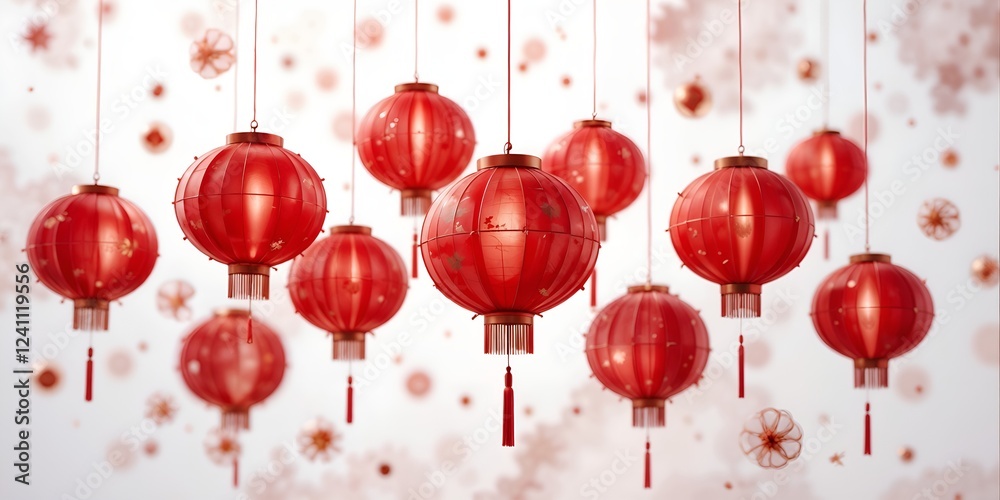 A collection of red Chinese lanterns with golden details and tassels, suspended against a blurred background with floral and festive patterns. A collection of red Chinese lanterns with golden details and tassels, suspended against a blurred background with floral and festive patterns.