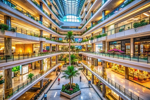 Photography Luxurious Bangkok Shopping Mall Interior: Grand Atrium, High Ceilings, Retail Di