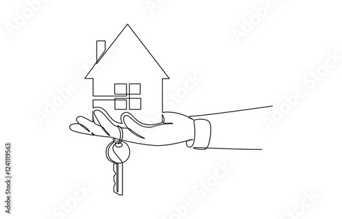 Drawing a continuous line of the house on the hand with the keys. Continuous One Line Drawing Real Estate Icons Concept, Single Line Vector Illustration.