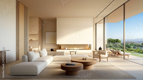 A modern  minimalist living room featuring large windows  natural light  and stylish furnishings with a view of greenery outside.