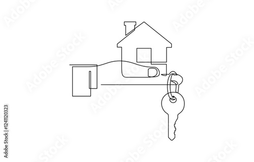 Drawing a continuous line of the house on the hand with the keys. Continuous One Line Drawing Real Estate Icons Concept, Single Line Vector Illustration.