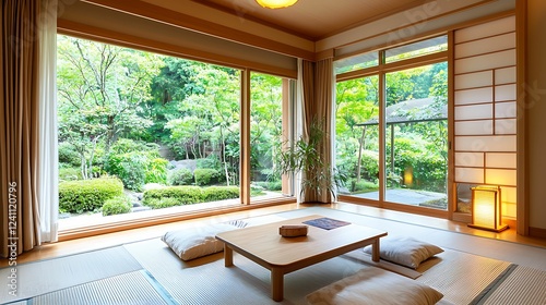 A serene  minimalist room with a low wooden table and soft cushions  featuring large windows overlooking a lush garden.