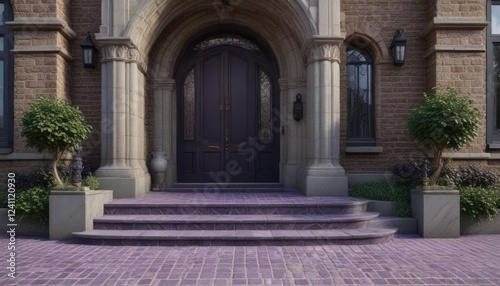 Intricately patterned dark purple brick pavement stones surrounding a grand stone staircase leading up to an elegant entrance doorway   grandeur  luxury
