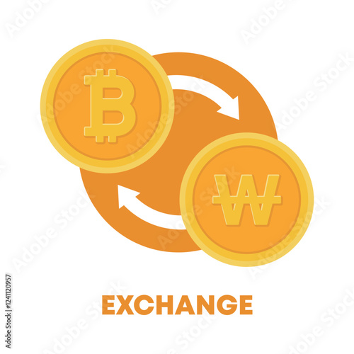 Illustration of exchanging and converting Bitcoin, an online cryptocurrency created using blockchain technology, and the Korean money 'won', a currency of money.