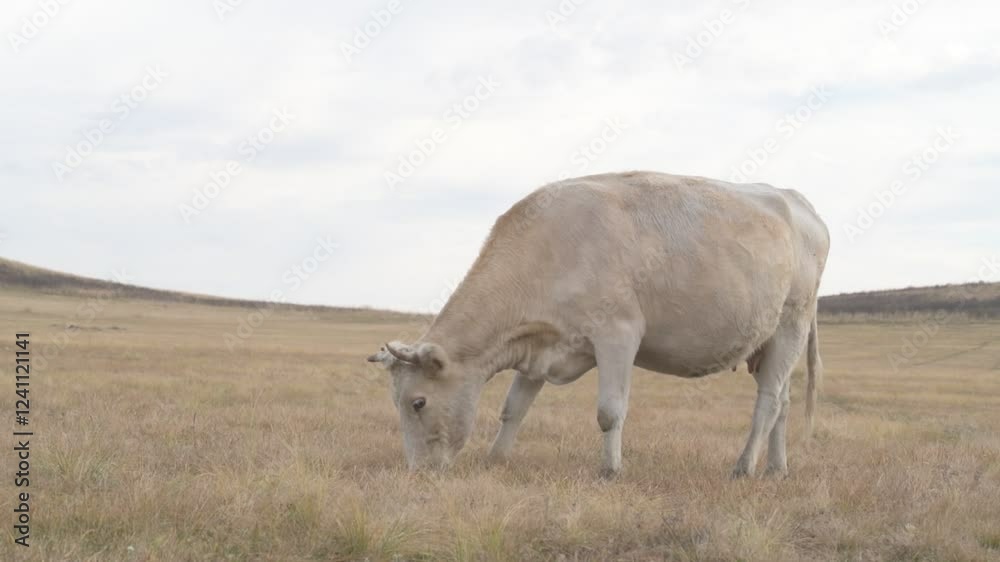 Portrait of cow grazing in a field. A herd of cows eating grass in a meadow
Portrait of cow grazing in a field. A herd of cows eating grass in a meadow