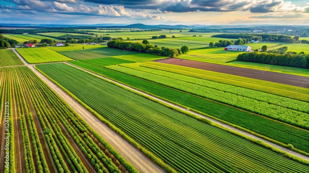 Obraz premium Aerial view of a thriving farm with lush green crops at peak harvest readiness, fertile soil, nature, fertile soil
