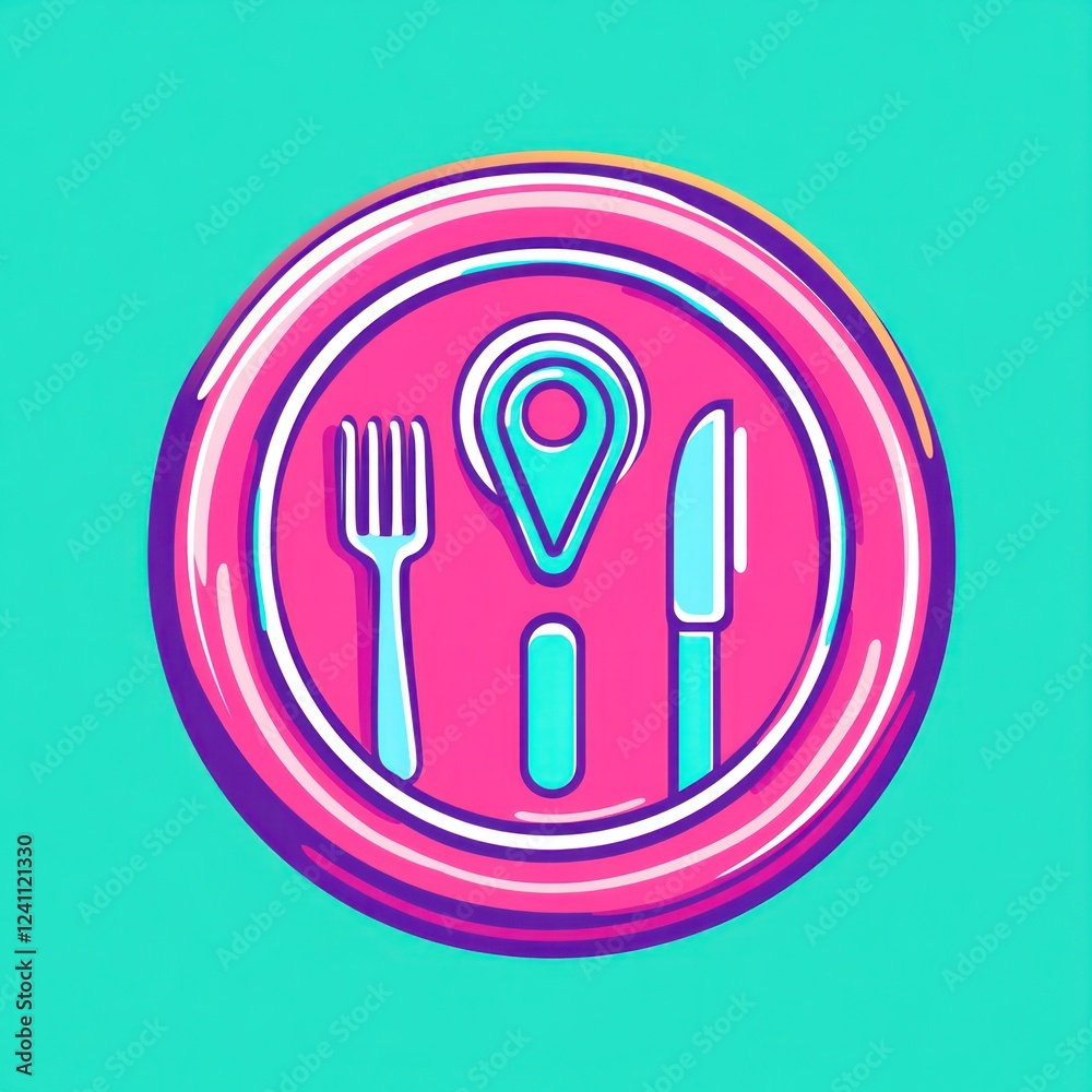 Plate, cutlery, location pin, teal background; food delivery app icon Plate, cutlery, location pin, teal background; food delivery app icon