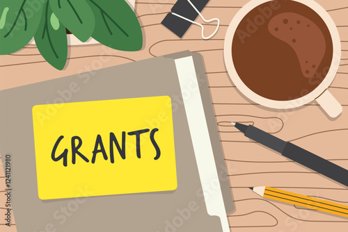 grants word written on a file folder on wooden office desk- vector illustration