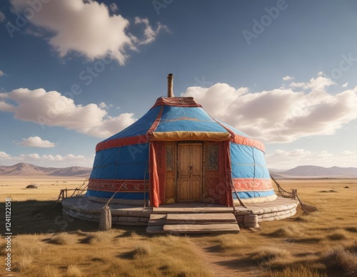 Isolated traditional Mongolian yurt on the edge of a vast open plain under sunny weather, vast space, mongolia