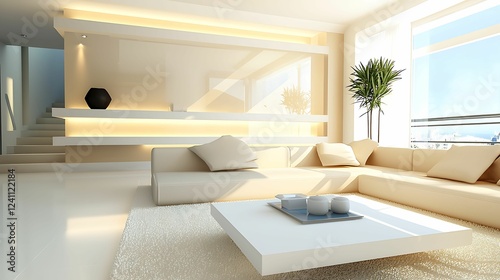 A modern  airy living room features soft furnishings  natural light  and a minimalist design  creating a serene and inviting atmosphere.