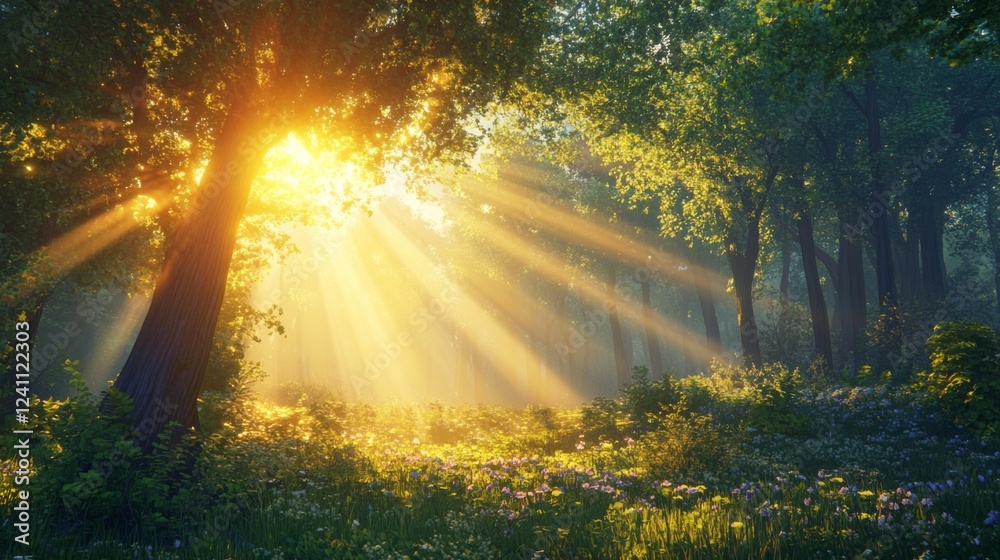 A beautiful sunrise illuminating a newly planted forest area, with rays of sunlight shining through the leaves, representing hope and renewal in nature. A beautiful sunrise illuminating a newly planted forest area, with rays of sunlight shining through the leaves, representing hope and renewal in nature.