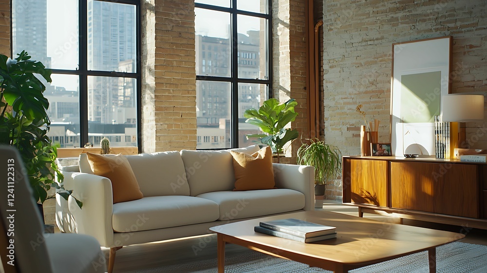 A bright and airy living room featuring a cozy sofa, wooden furniture, plants, and large windows that showcase urban views. A bright and airy living room featuring a cozy sofa, wooden furniture, plants, and large windows that showcase urban views.