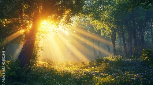 A beautiful sunrise illuminating a newly planted forest area  with rays of sunlight shining through the leaves  representing hope and renewal in nature.