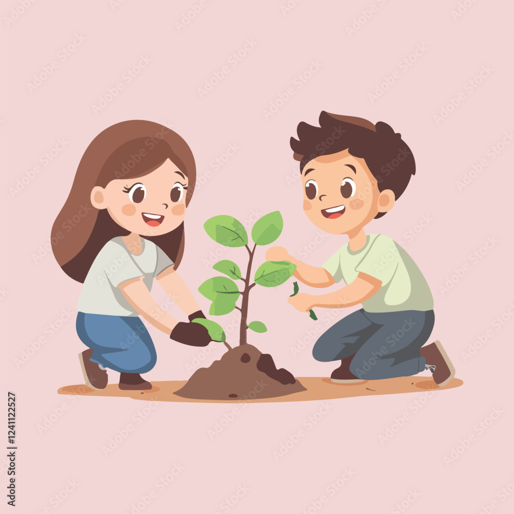 Children Planting Tree Vector Illustration Children Planting Tree Vector Illustration