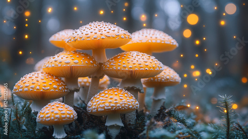 Colorful mushrooms grow in a forest with soft glowing lights at dusk photo