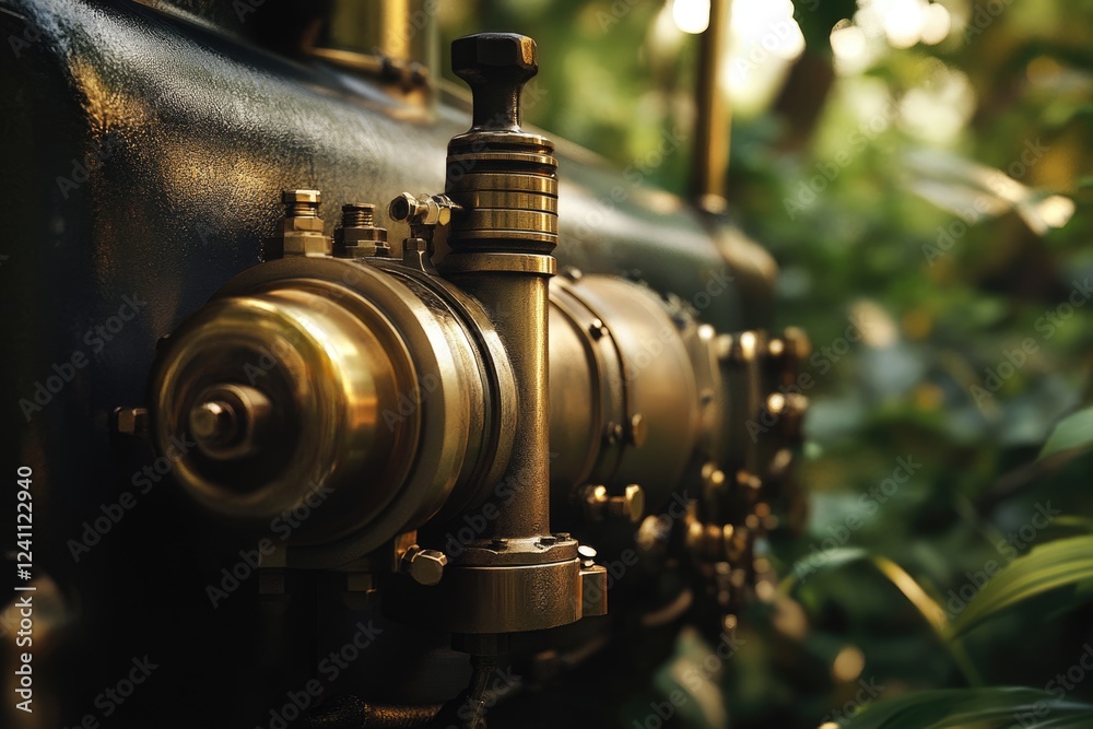 Close-up of intricate brass and dark metal components of an antique steam engine, set against a lush green backdrop. Close-up of intricate brass and dark metal components of an antique steam engine, set against a lush green backdrop.