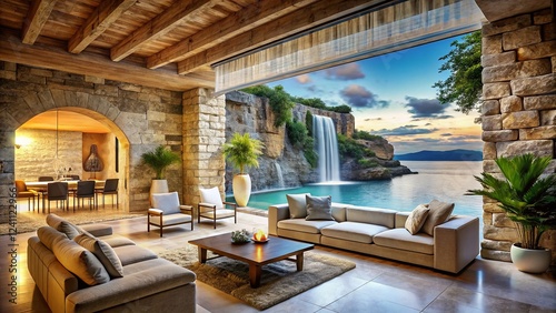 Luxurious Cliffside Villa Living Room  Limestone Architecture  Ocean View  Waterfall Interior Design