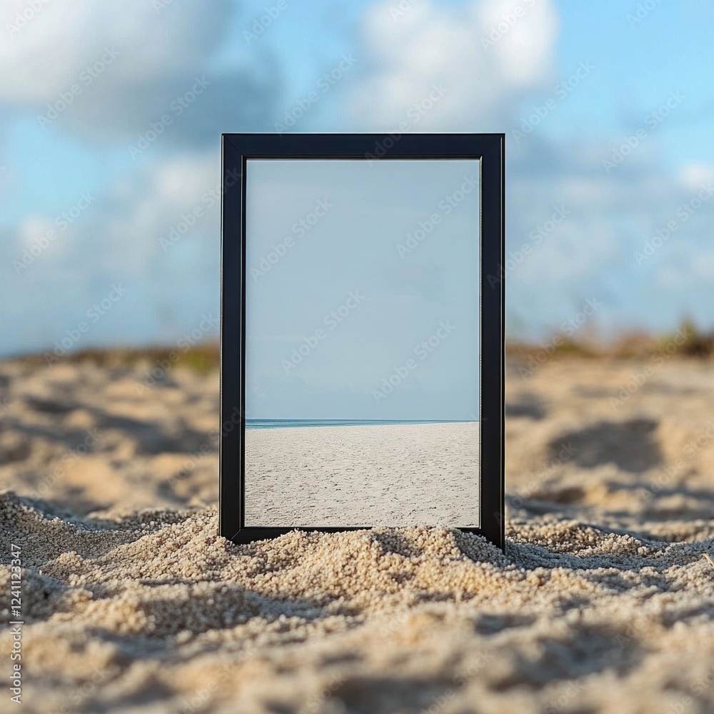 Black frame reflecting clear sky on sandy beach with blue clouds Black frame reflecting clear sky on sandy beach with blue clouds