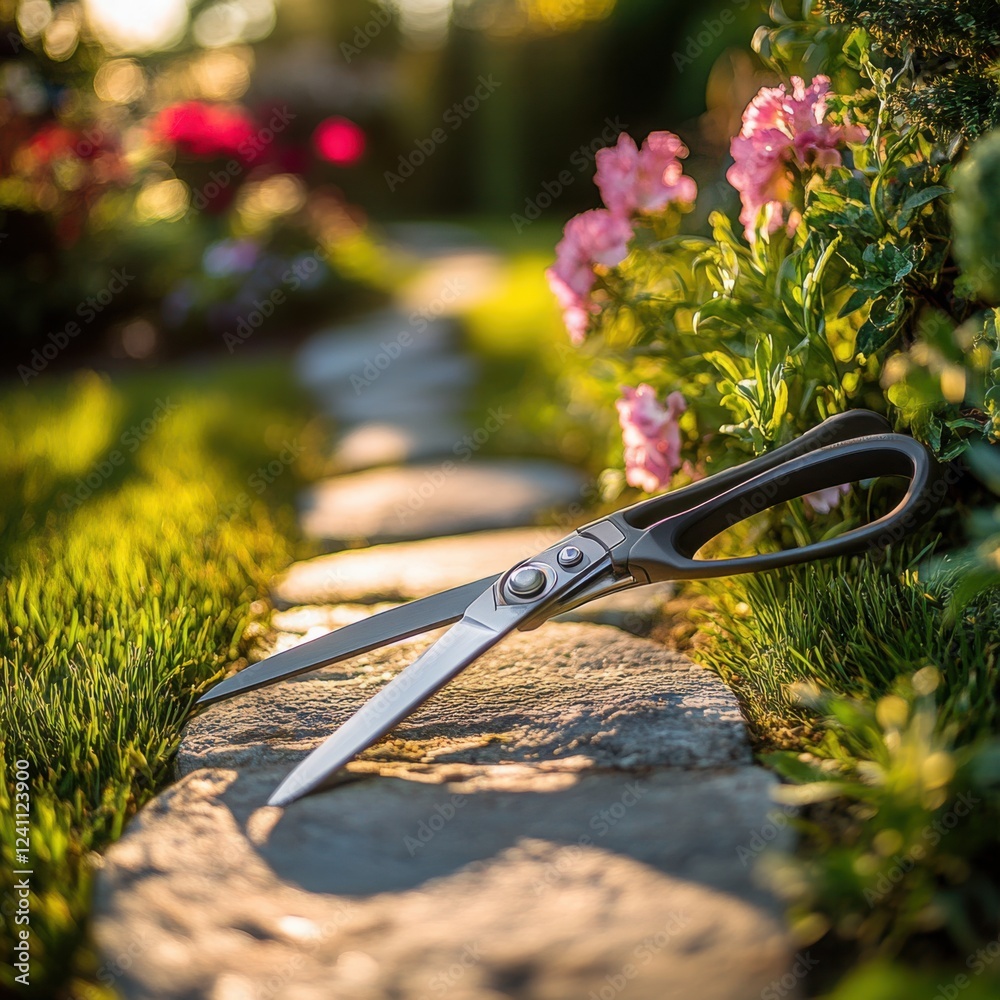 Obraz premium Garden Shears on Stone Pathway with Colorful Flowers Nearby