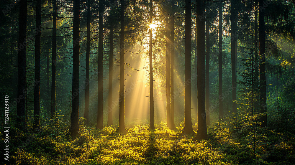 Fototapeta premium Sunlight filters through tall trees in a serene forest at sunrise showcasing nature's beauty