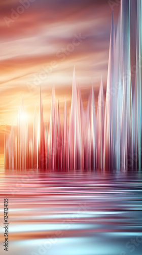 Abstract sunset cityscape reflection  calm water  vibrant sky. Ideal for website backgrounds