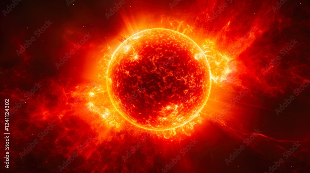 Fototapeta premium Realistic Sun Surface with Glowing Solar Flares in High Detail - A Concept of the Power of Sunlight and Hydrogen Burning