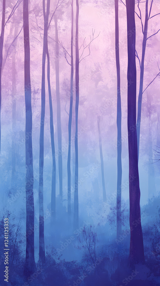 Fototapeta premium Tranquil Forest at Dusk in Purple and Blue Mist