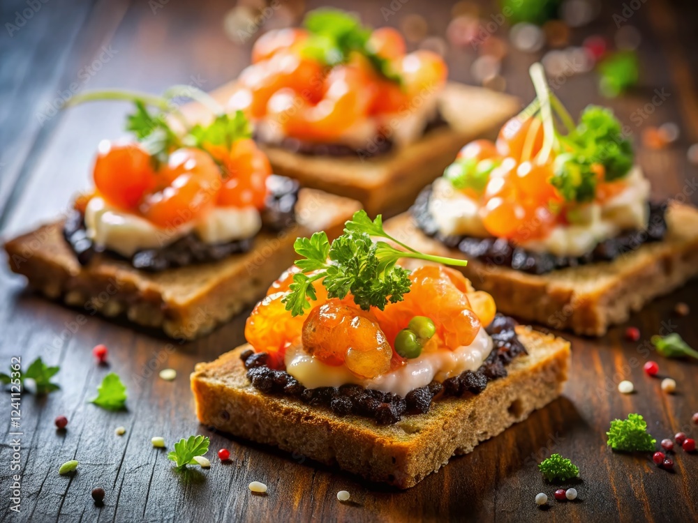 Luxurious Shrimp & Caviar Toast Skagen: Appetizer on Crispy Bread Luxurious Shrimp & Caviar Toast Skagen: Appetizer on Crispy Bread