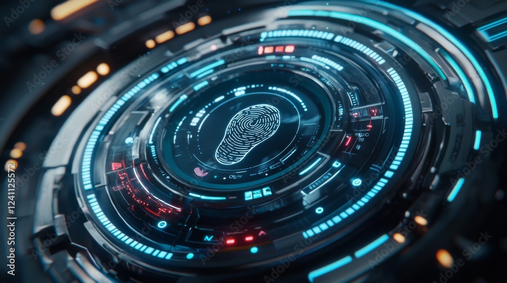Futuristic Digital Fingerprint Interface with High-Tech Elements and Neon Highlights Futuristic Digital Fingerprint Interface with High-Tech Elements and Neon Highlights