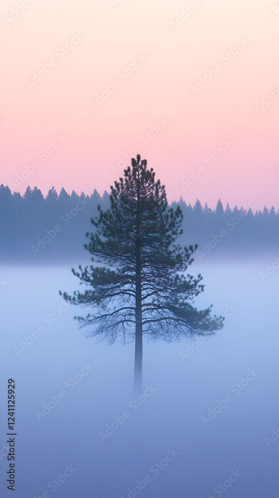 Solitary Pine Tree Piercing Through Dense Forest Fog Solitary Pine Tree Piercing Through Dense Forest Fog